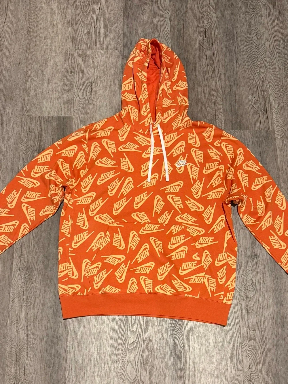 Nike Orange Hoodie with Cream All-Over Logo Print - Men's